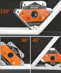 Heavy Duty Welding Magnets 50 Lb Each, 2 Piece Magnetic Welding Holder Set For Metalwork shown at 135, 90, and 45 degree angles