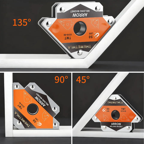 Heavy Duty Welding Magnets 50 Lb Each, 2 Piece Magnetic Welding Holder Set For Metalwork shown at 135, 90, and 45 degree angles