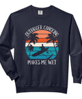 Canoeing Makes Me Wet Funny Outrigger Paddling Sweatshirt For Adults With Relaxed Fit Soft Washed US Cotton Hoodie Perfect For Lakeside Vibes Morning Paddles And Casual Weekend Wear Dude, featuring a canoe graphic and sunset design.