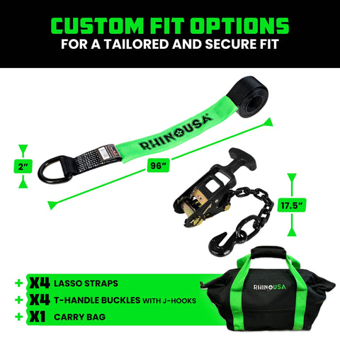 Heavy Duty 2 Inch By 8 Foot Car Tie Down Straps With J Hooks 4 Pack 10,000 Lb Break Strength shown with accessories and bag