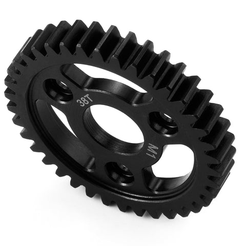 38T carbon steel main spur gear, black, for 1/8 RC Revo upgrades, smoother operation, easy install for peak torque.