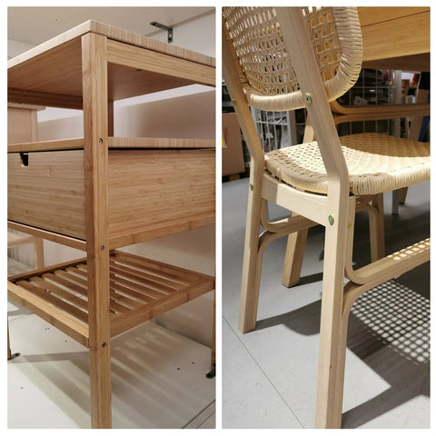 Bamboo furniture featuring a drawer and slatted shelf on the left, and a woven seat chair on the right, showcasing natural wood design.