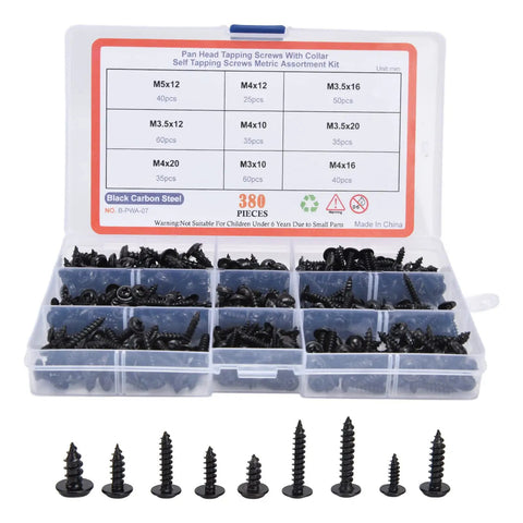 380Pcs Self Tapping Screws Kit Black Carbon Steel Round Head Self Drilling Screws With Washer in box compartments