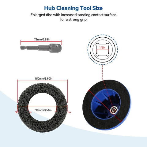 Six Inch Wheel Hub Resurfacing Kit with Polisher and Drill Adapter showing dimensions and parts for rust removal