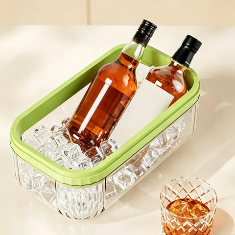 Go To Press Type Cold Block Mold Nonstick Ice Trays With Secure Lids Easy Release Freeze Tray holding whiskey bottles and ice cubes