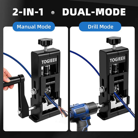 Pro Level Handheld Wire Stripper Tool With Tunable Dual Drive Modes For Fast Wire Insulation Skinning And Effortless Trade Site Prep Without Breaking A Sweat showing manual and drill modes.