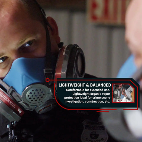 Person wearing Lightweight Half Face Respirator Mask With A2P3 Cartridges for organic vapors, close-up view.