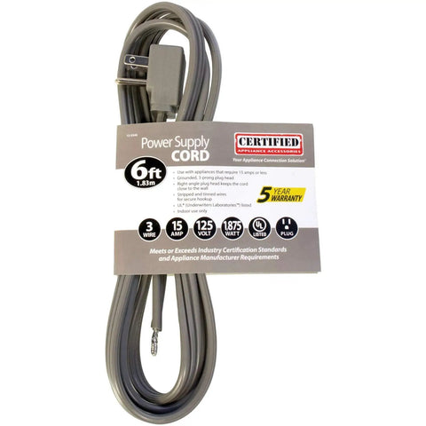15 Amp Appliance Power Cord Heavy Duty 6 Feet Three Wire Grounded With Right Angle Plug Head UL Listed ETL Listed