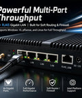 Intel Celeron J1900 Firewall Mini PC With Four Network Ports And Extra GB Connectivity For Straight Up Bulletproof Home Routing Plus 4GB RAM 64GB SSD Storage For Smooth VPN Setup with 4 Gigabit LAN ports.