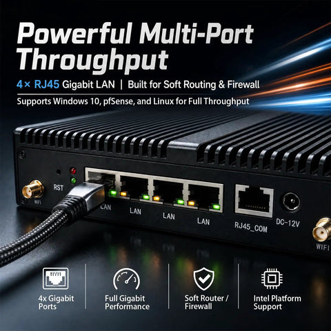 Intel Celeron J1900 Firewall Mini PC With Four Network Ports And Extra GB Connectivity For Straight Up Bulletproof Home Routing Plus 4GB RAM 64GB SSD Storage For Smooth VPN Setup with 4 Gigabit LAN ports.