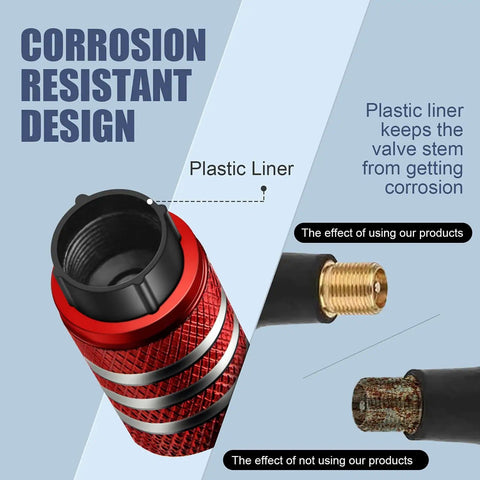 Close-up of red 5 Pack Tire Valve Stem Cap Covers with metal shell and plastic liner showing anti-corrosion feature and American Flag design.