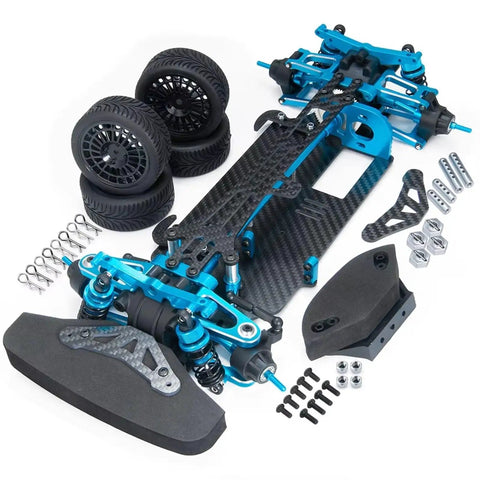 Beefy Metal RC Car Chassis Frame 1 By 10 Scale Upgrade for On Road Drift RC Cars with parts and wheels displayed