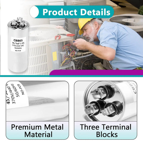Two Pack 45 Plus 5 MFD Round Dual Motor Run Capacitors 440/370V for air conditioners and compressors detailed view