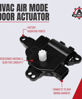 Front view of HVAC mode actuator vent control, left main, black plastic housing with white gear; AA Ignition logo