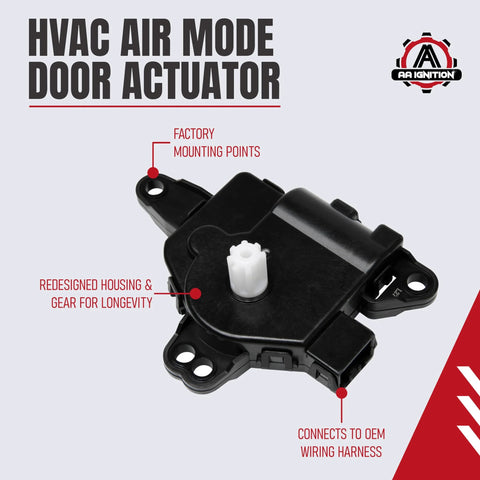 Front view of HVAC mode actuator vent control, left main, black plastic housing with white gear; AA Ignition logo