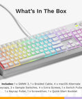 Badass Full Size Mechanical Gaming Keyboard With Volume Knob And Modular Gasket Mount Featuring Hot Swappable Switches Plus Doubleshot Pbt Keycaps For A Snappy And Fire Typing Setup In White, showing what’s in the box.