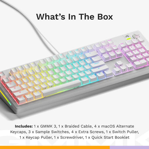 Badass Full Size Mechanical Gaming Keyboard With Volume Knob And Modular Gasket Mount Featuring Hot Swappable Switches Plus Doubleshot Pbt Keycaps For A Snappy And Fire Typing Setup In White, showing what’s in the box.