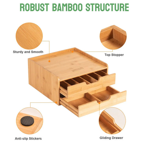 No-Fuss All-In-One Bamboo Drawer Organizer For Keurig K Cup Pods And Tea Bags With Adjustable Dividers, shown with details.