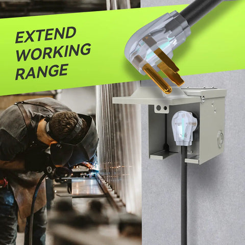 Heavy Duty 25 Foot Welder Extension Cord 250V 30A 10 AWG STW NEMA 6-50 With LED Indicator Copper Wire in use with welding machine