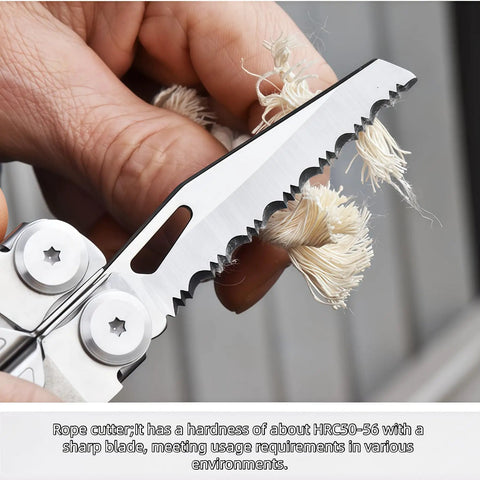 Rope cutting with Everyday Carry 18 In 1 Multitool Pliers Set With Graded Hardness Steel, featuring stainless steel blade.