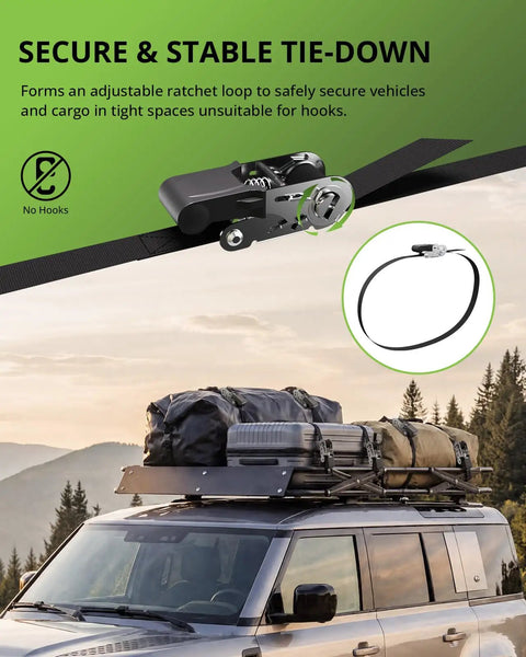 Rock Solid Hookless Ratchet Straps Pack A Slick Endless Loop Design For Zero Scratch Damage and secure cargo on vehicle roof.