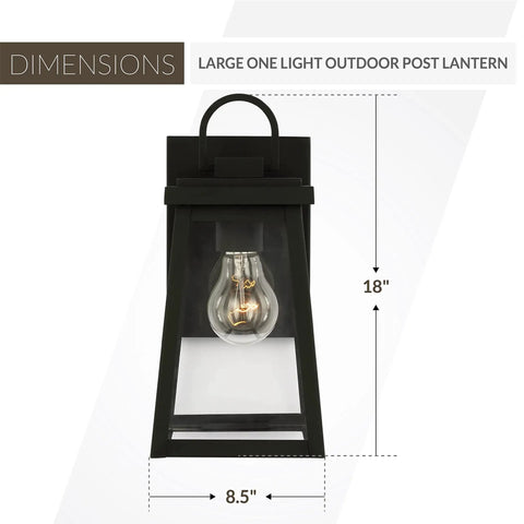 1-Light Outdoor Wall Lamp In Black, Founders Style Exterior Light Fixture For Home, front view with bulb, size details shown