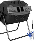 43 Gallon Outdoor Dual Chamber Tumbling Compost Bin with Two Sliding Doors and 360 Degree Rotation for Kitchen Garden and Yard Waste BPA Free Black Durable, includes gloves and screwdriver