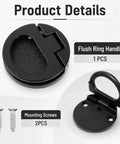 Black Round Recessed Ring Pull Handles 43.5mm flush door pulls with screws shown open and closed