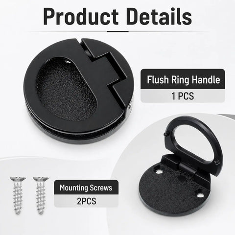 Black Round Recessed Ring Pull Handles 43.5mm flush door pulls with screws shown open and closed
