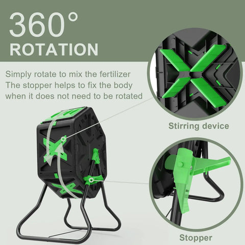 Lightweight Tumbling Compost Bin Single Chamber 18.5 Gallon 70 L Space Saving Garden Tumbler with easy turn mechanism and stopper