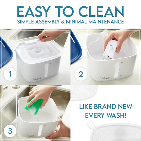 Step-by-step cleaning of Award Winning 95oz 2.8L Pet Fountain Automatic Water Dispenser for Cats and Dogs, easy maintenance.