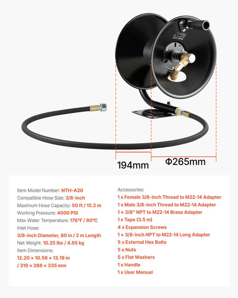 Heavy Duty Pressure Washer Hose Reel 50 Feet Three Eighths Inch Steel Bracket Mounted For Wall Floor Or Truck Mount 4000 PSI