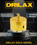 4 Inch Masonry Hole Saw With Heavy Duty Dry Core Diamond Bit And Precision Locator Guide For Concrete Brick Or Stone Drilling 2 Inch Depth And Fast Clean Holes, displayed as a gold drill bit with laser welded teeth and increased height.