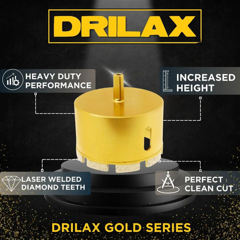 4 Inch Masonry Hole Saw With Heavy Duty Dry Core Diamond Bit And Precision Locator Guide For Concrete Brick Or Stone Drilling 2 Inch Depth And Fast Clean Holes, displayed as a gold drill bit with laser welded teeth and increased height.