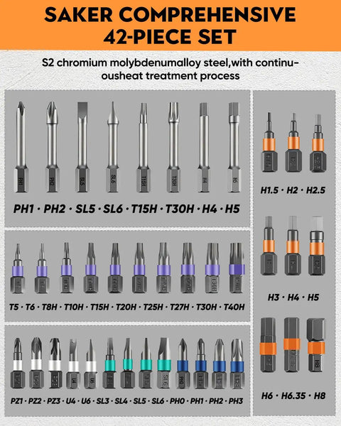 Close-up of 42 premium bits from 42 In 1 Magnetic Screwdriver Kit With Ratchet T Handle And Full Multi Bit Set for versatile use.