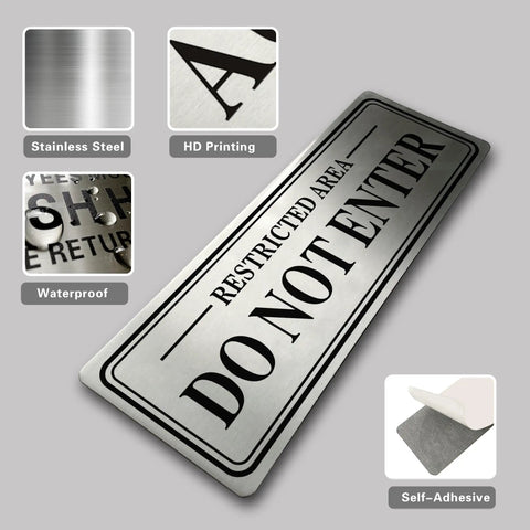 Heavy Duty Stainless Steel Do Not Enter Sign For Restricted Areas With Solid Peel And Stick Backing Hella Durable And Weather Ready No Stress Install Just Clean Stick And You Are Good To Go showing a close-up of the sign with HD print details.
