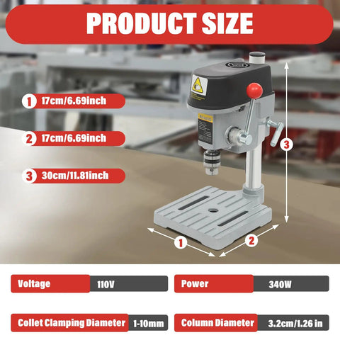 Versatile Benchtop Drill Press With Table And Stand For Your Home Shop 340W Copper Motor dimensions and power ratings