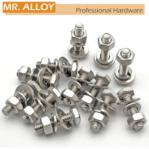 MR. ALLOY 1/4-20 stainless steel hex bolts with nuts and flat washers and lock washers, scattered hardware kit parts