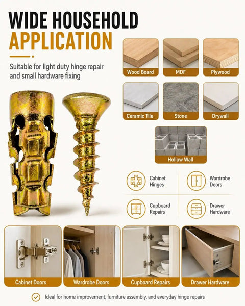6x14mm Door Hinge Repair Kit For Loose Cabinets And Furniture illustration showing uses on various materials and applications.
