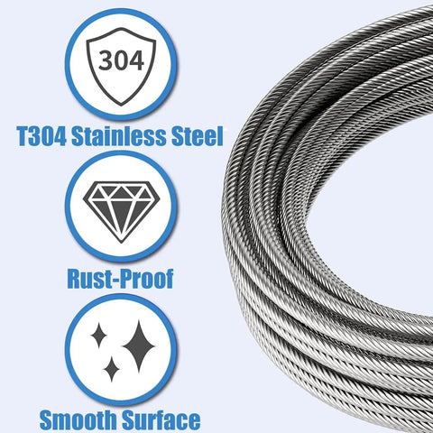 Close-up of one quarter inch zipline cable heavy duty galvanized steel wire rope for home backyard zip line setup 45 meters long