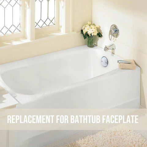 Universal Bathtub Overflow Face Plate With Two Holes And Matching Screws Chrome Finish Brass Construction For Easy Install On Most Tubs Replacement Drain Cover installed on white bathtub