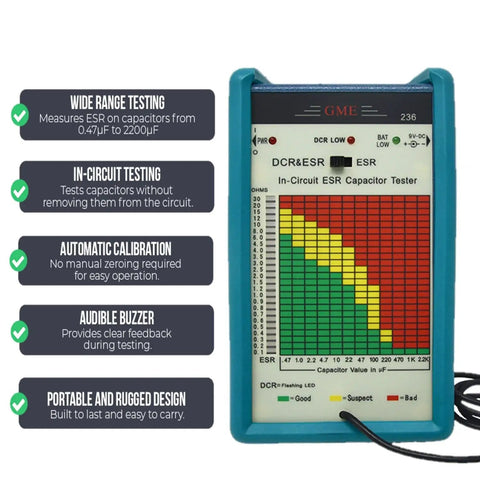Pro In Circuit ESR Capacitor Tester With Capacitance Meter displaying ESR readouts, USA engineered, showing test range and features.