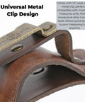 Leather Tool Holster With Hammer Loop, Tape Measure Holder, And Pencil Pouch For Belt close-up of metal clip design