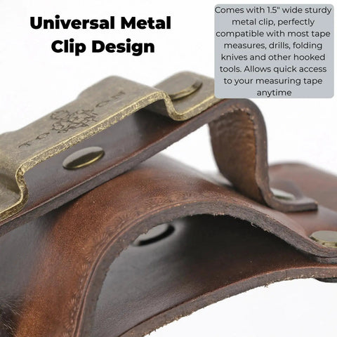 Leather Tool Holster With Hammer Loop, Tape Measure Holder, And Pencil Pouch For Belt close-up of metal clip design