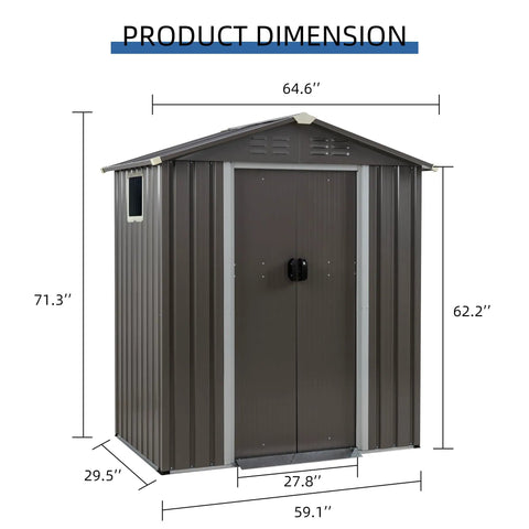 5x3 Ft Metal Outdoor Garden Storage Shed with dimensions and lockable double doors, window, steel construction, waterproof design