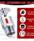Six Pack Copper Chrome Pendent Fire Sprinklers With Half Npt Threading And Fast Response Glass Bulbs For Top Tier Home Shop Suppression Kit That Goes Hard On Code Compliance For Hella Peace Of Mind During Emergencies At 155 Degree Limit - close-up of fire sprinkler head with red glass bulb