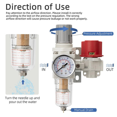 Direction of use for Pneumatic Air Compressor Filter Regulator Combo One Quarter Inch NPT 0 To 120 PSI Range with manual drain details