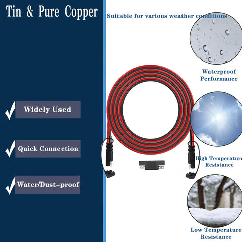 25Ft SAE Extension Cable Featuring Snappy Quick Plugs And Heavy Duty Dust Covers Perfect For RV Car Motorcycle Solar Batteries Built With Hella Thick 16AWG Copper Wire For Rock Solid Energy Flow Daily, displayed with waterproof features.
