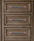 10 Pack 5 Inch Aluminum Knurled Brushed Antique Copper Cabinet Pulls installed on wooden drawers