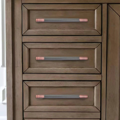 10 Pack 5 Inch Aluminum Knurled Brushed Antique Copper Cabinet Pulls installed on wooden drawers